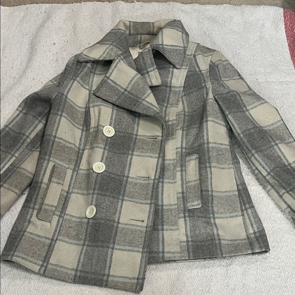(332)Old Navy Gray Plaid Pea Coat